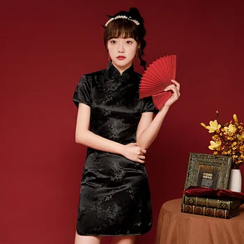 Traditsiooniline Naised Hiina Qipao Must Seksikas Mini Slim Split Kleit, Kostüüm Vintage Klassikaline Lille Cheongsam Vestidos Riided